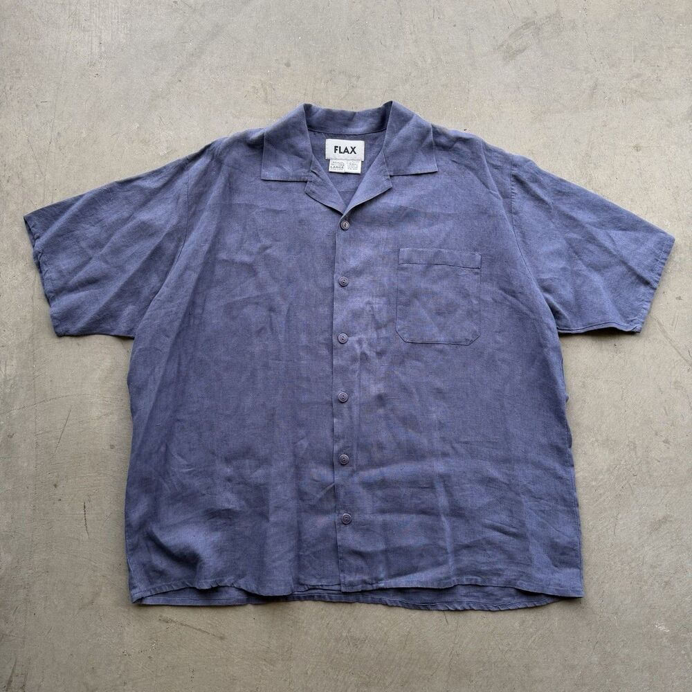 FLAX Linen Button Shirt Mens L Short Sleeve Relaxed Lagenlook Boho Blue Pocket